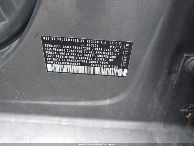 45326136 :رقم المزاد ، 3VWDX7AJXCM468863 vin ، 2012 Volkswagen Jetta 2.5l Se مزاد بيع