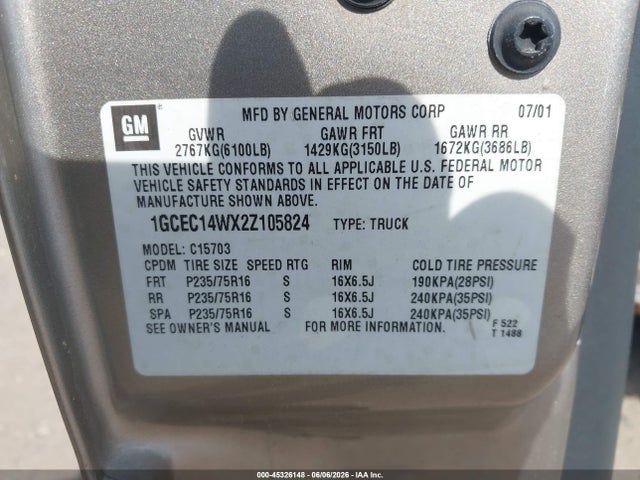 Aukcja sprzedaży 2002 Chevrolet Silverado 1500, vin: 1GCEC14WX2Z105824, numer aukcji: 45326148