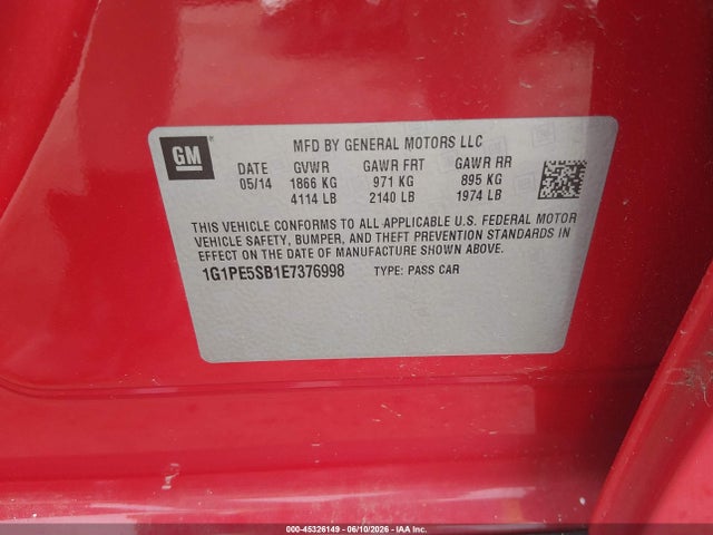 45326149 :رقم المزاد ، 1G1PE5SB1E7376998 vin ، 2014 Chevrolet Cruze 2lt Auto مزاد بيع