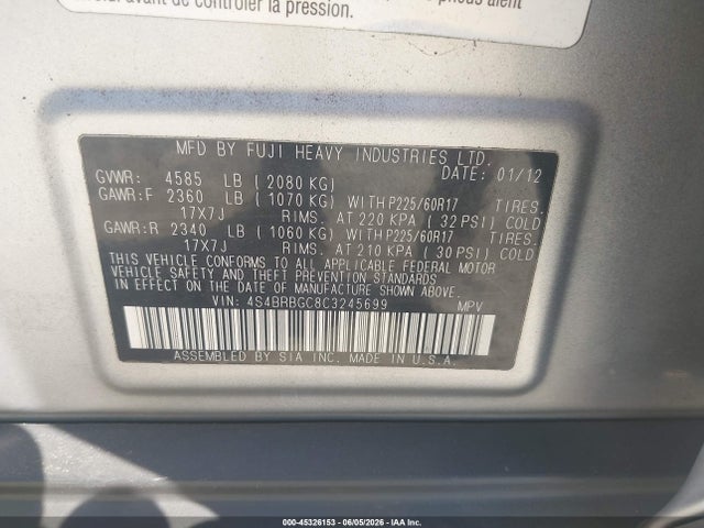 2012 Subaru Outback 2.5i Premium მანქანა იყიდება აუქციონზე, vin: 4S4BRBGC8C3245699, აუქციონის ნომერი: 45326153