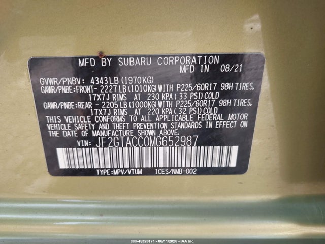 Aukcja sprzedaży 2021 Subaru Crosstrek Premium, vin: JF2GTACC0MG652987, numer aukcji: 45326171