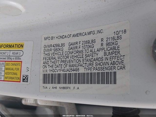 Aukcja sprzedaży 2018 Honda Accord Ex, vin: 1HGCV1F40JA254495, numer aukcji: 45326193