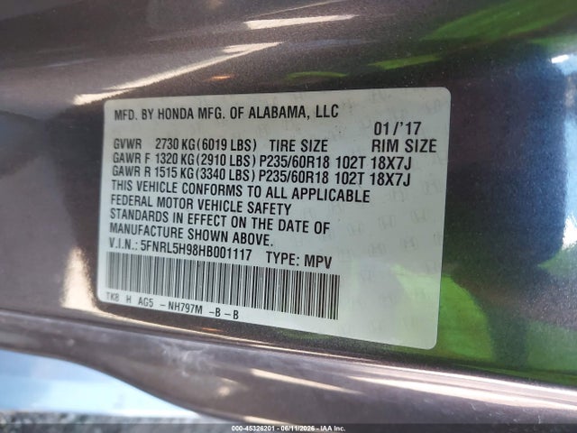 5FNRL5H98HB001117 Honda Odyssey Touring/touring Elite