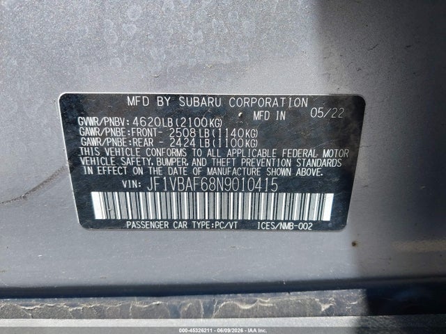 Subaru Wrx Premium 2022 JF1VBAF68N9010415 Image 9