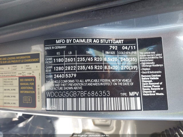 45326214 :رقم المزاد ، WDCGG5GB7BF686353 vin ، 2011 Mercedes-benz Glk 350 مزاد بيع