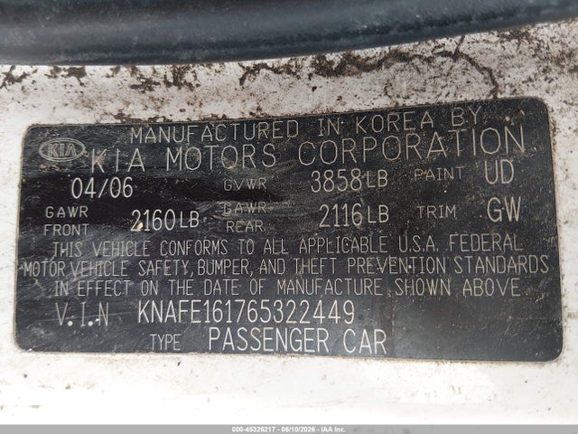 45326217 :رقم المزاد ، KNAFE161765322449 vin ، 2006 Kia Spectra5 مزاد بيع