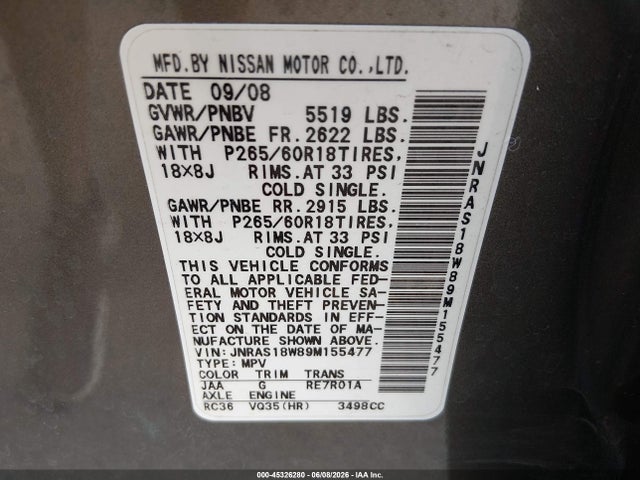 Продаж на аукціоні авто 2009 Infiniti Fx35, vin: JNRAS18W89M155477, номер лоту: 45326280