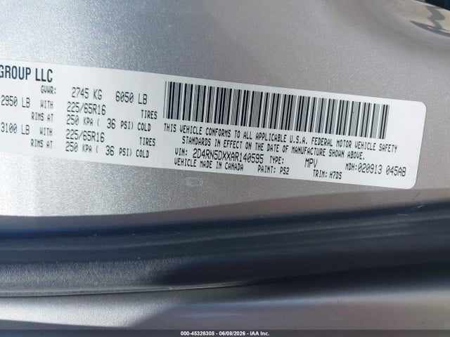 45326308 :رقم المزاد ، 2D4RN5DXXAR140595 vin ، 2010 Dodge Grand Caravan Sxt مزاد بيع