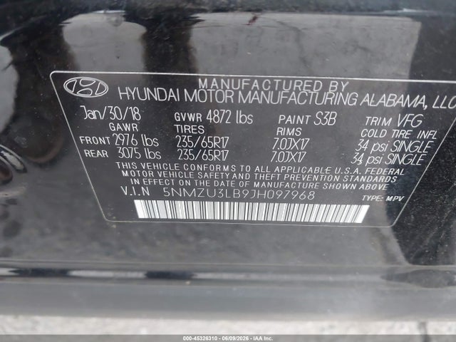 2018 Hyundai Santa Fe Sport 2.4l მანქანა იყიდება აუქციონზე, vin: 5NMZU3LB9JH097968, აუქციონის ნომერი: 45326310