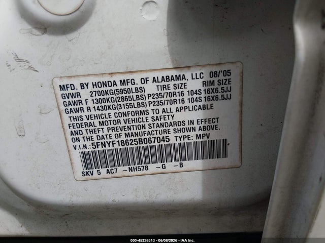 Aukcja sprzedaży 2005 Honda Pilot Ex-l, vin: 5FNYF18625B067045, numer aukcji: 45326313