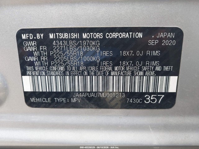 2021 Mitsubishi Outlander Sport 2.0 Es 2wd მანქანა იყიდება აუქციონზე, vin: JA4APUAU7MU001213, აუქციონის ნომერი: 45326329