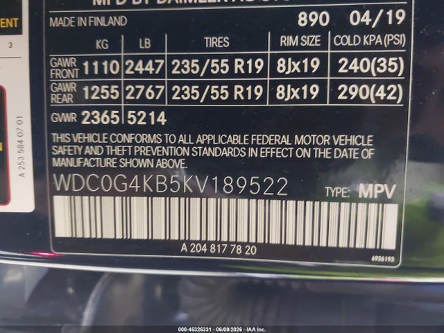 45326331 :رقم المزاد ، WDC0G4KB5KV189522 vin ، 2019 Mercedes-benz Glc 300 4matic مزاد بيع