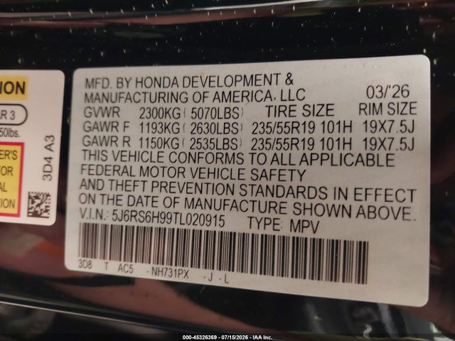 Продажа на аукционе авто 2026 Honda Cr-v Hybrid Awd Sport Touring, vin: 5J6RS6H99TL020915, номер лота: 45326369