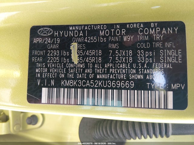 2019 Hyundai Kona Limited მანქანა იყიდება აუქციონზე, vin: KM8K3CA52KU369669, აუქციონის ნომერი: 45326378