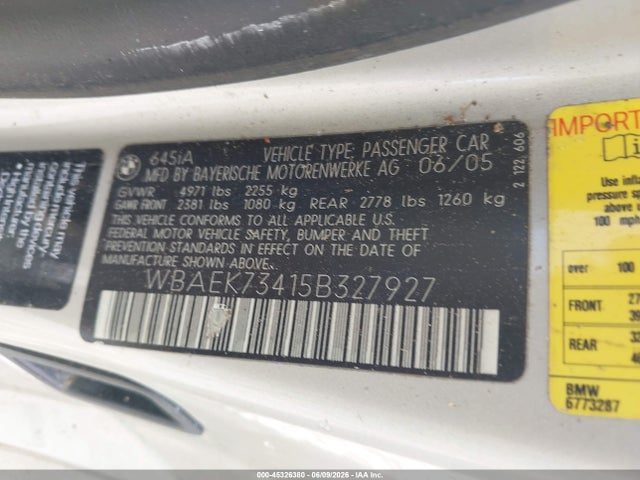 2005 Bmw 645ci მანქანა იყიდება აუქციონზე, vin: WBAEK73415B327927, აუქციონის ნომერი: 45326380