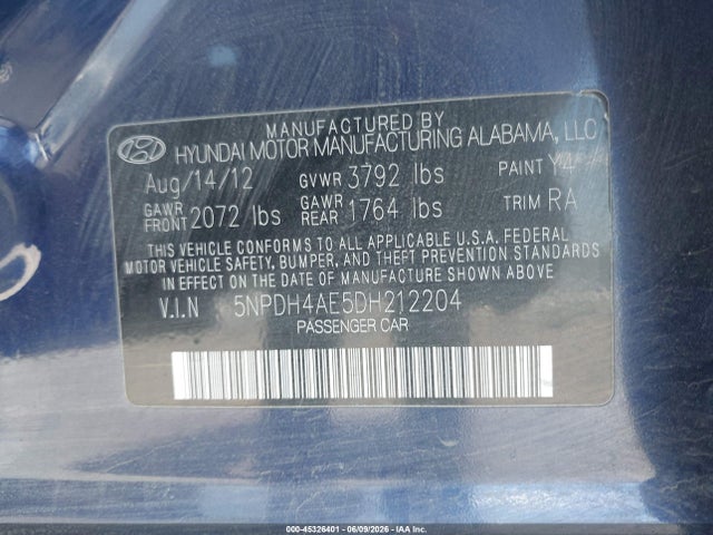 Aukcja sprzedaży 2013 Hyundai Elantra Gls, vin: 5NPDH4AE5DH212204, numer aukcji: 45326401