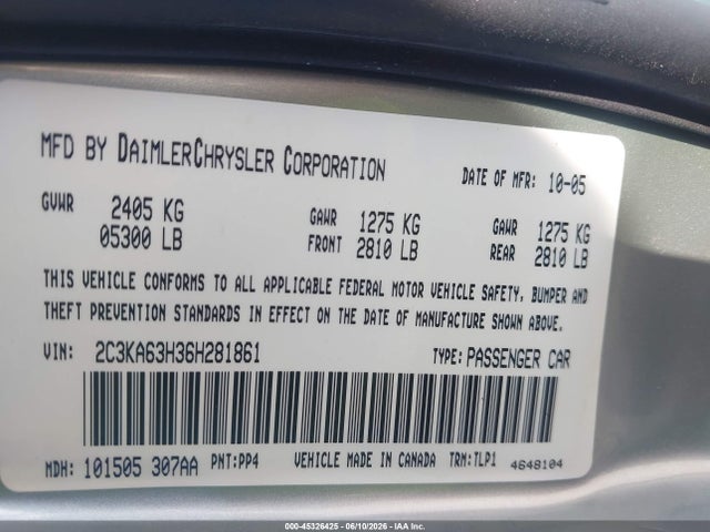 Aukcja sprzedaży 2006 Chrysler 300c, vin: 2C3KA63H36H281861, numer aukcji: 45326425