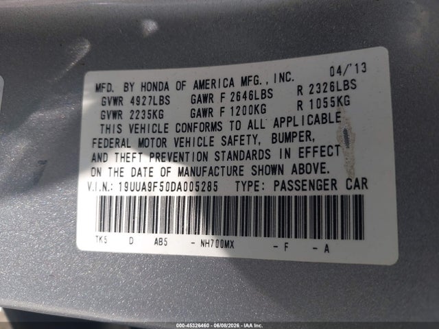 45326460 :رقم المزاد ، 19UUA9F50DA005285 vin ، 2013 Acura Tl 3.7 مزاد بيع