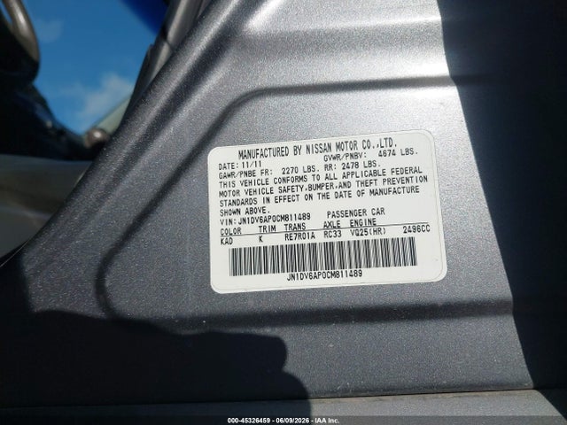 2012 Infiniti G25 Journey მანქანა იყიდება აუქციონზე, vin: JN1DV6AP0CM811489, აუქციონის ნომერი: 45326459