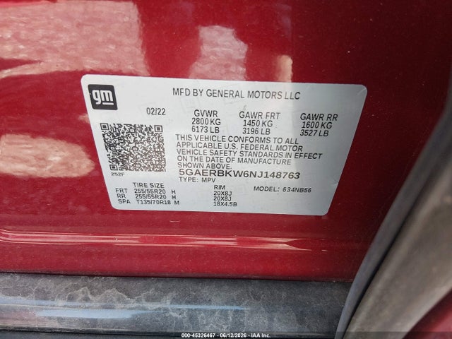 45326467 :رقم المزاد ، 5GAERBKW6NJ148763 vin ، 2022 Buick Enclave Fwd Essence مزاد بيع