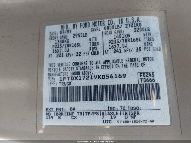 Aukcja sprzedaży 1997 Ford F-150 Standard/xl/xlt, vin: 1FTDX1721VKD56169, numer aukcji: 45326471