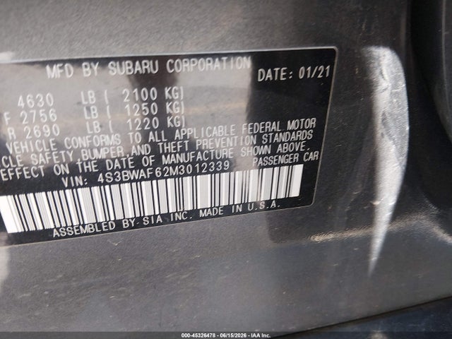 Продаж на аукціоні авто 2021 Subaru Legacy Premium, vin: 4S3BWAF62M3012339, номер лоту: 45326478
