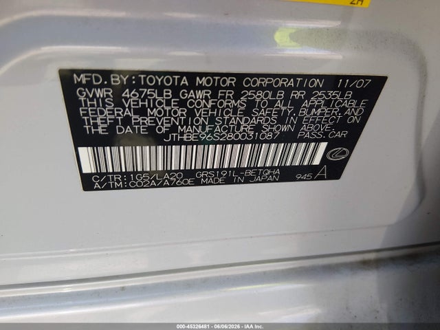 Продажа на аукционе авто 2008 Lexus Gs 350, vin: JTHBE96S280031087, номер лота: 45326481