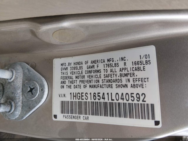 Auction sale of the 2001 Honda Civic Lx, vin: 1HGES16541L040592, lot number: 45326484