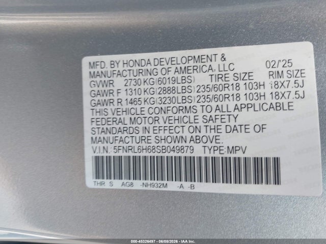 Aukcja sprzedaży 2025 Honda Odyssey Ex-l, vin: 5FNRL6H68SB049879, numer aukcji: 45326497