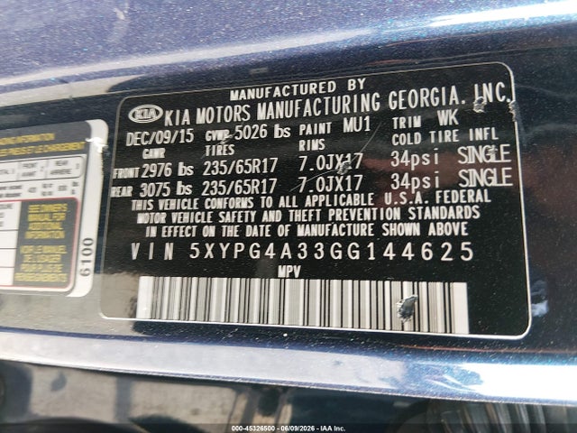 Aukcja sprzedaży 2016 Kia Sorento 2.4l Lx, vin: 5XYPG4A33GG144625, numer aukcji: 45326500