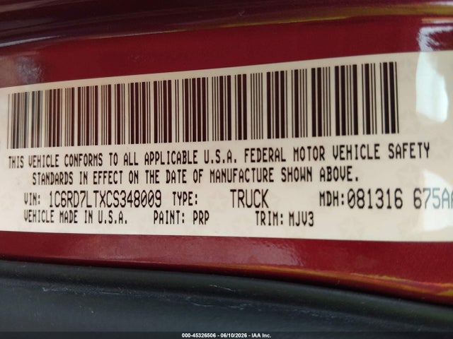 45326506 :رقم المزاد ، 1C6RD7LTXCS348009 vin ، 2012 Ram 1500 Slt مزاد بيع