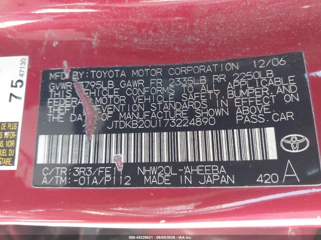 Продажа на аукционе авто 2007 Toyota Prius, vin: JTDKB20U173224890, номер лота: 45326521