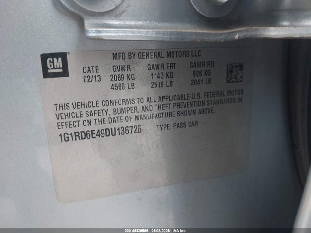2013 Chevrolet Volt მანქანა იყიდება აუქციონზე, vin: 1G1RD6E49DU136726, აუქციონის ნომერი: 45326566
