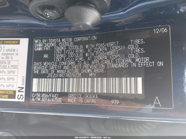 Продаж на аукціоні авто 2007 Toyota 4runner Sr5 V6, vin: JTEZU14R278076238, номер лоту: 45326575