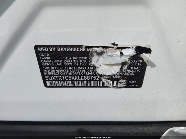 45326578 :رقم المزاد ، 5UXTR7C5XKLE88752 vin ، 2019 Bmw X3 Sdrive30i مزاد بيع