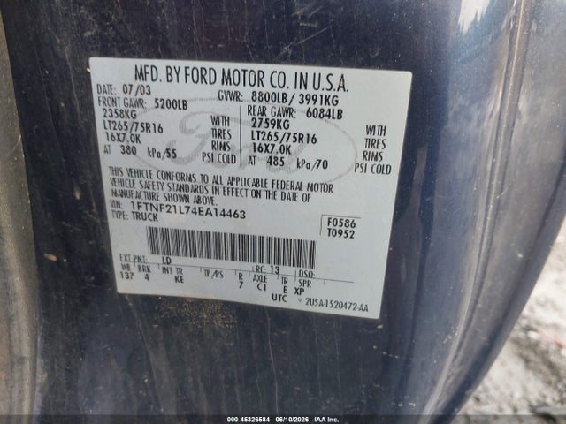 45326584 :رقم المزاد ، 1FTNF21L74EA14463 vin ، 2004 Ford F-250 Xl/xlt مزاد بيع