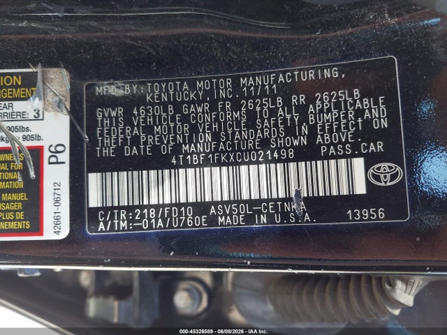 Aukcja sprzedaży 2012 Toyota Camry Le, vin: 4T1BF1FKXCU021498, numer aukcji: 45326589
