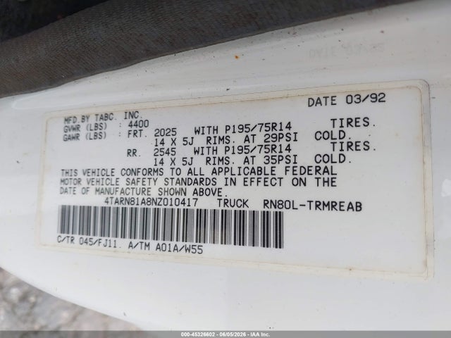 Auction sale of the 1992 Toyota Pickup 1/2 Ton Short Whlbase Stb, vin: 4TARN81A8NZ010417, lot number: 45326602