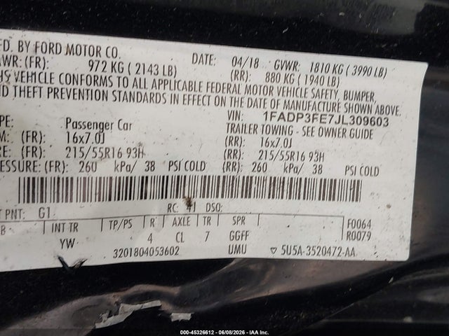 Продажа на аукционе авто 2018 Ford Focus Se, vin: 1FADP3FE7JL309603, номер лота: 45326612