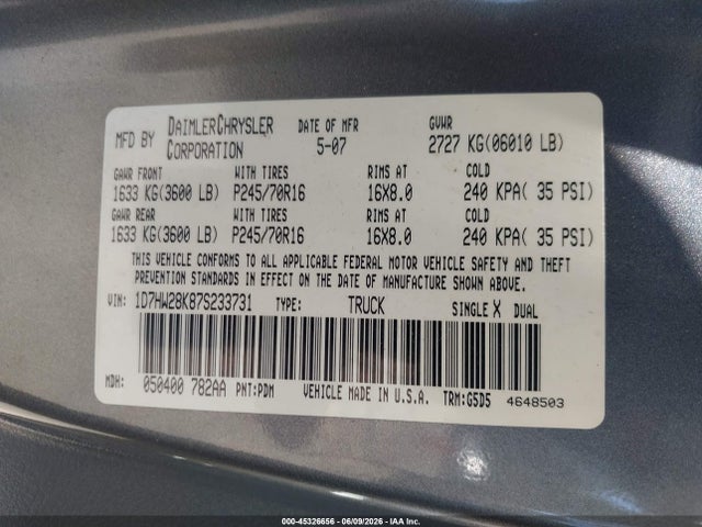 2007 Dodge Dakota St მანქანა იყიდება აუქციონზე, vin: 1D7HW28K87S233731, აუქციონის ნომერი: 45326656