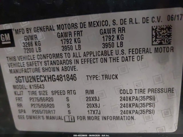 45326658 :رقم المزاد ، 3GTU2NECXHG481846 vin ، 2017 Gmc Sierra 1500 Slt مزاد بيع