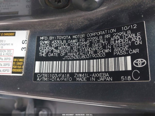 Aukcja sprzedaży 2013 Toyota Prius V Three, vin: JTDZN3EU8D3190303, numer aukcji: 45326667