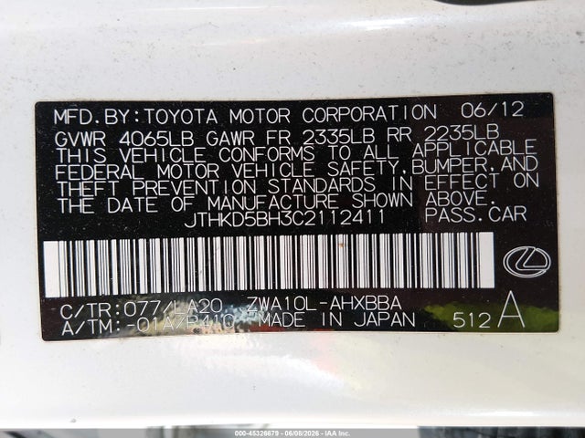 Продаж на аукціоні авто 2012 Lexus Ct 200h Premium, vin: JTHKD5BH3C2112411, номер лоту: 45326679