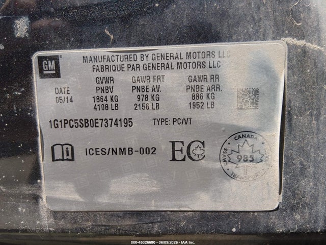 1G1PC5SB0E7374195 Chevrolet Cruze 1lt Auto