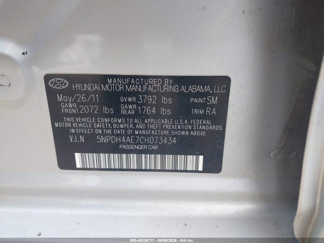 45326711 :رقم المزاد ، 5NPDH4AE7CH073434 vin ، 2012 Hyundai Elantra Gls مزاد بيع