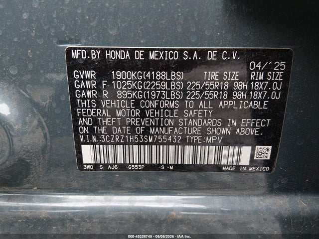 3CZRZ1H53SM755432 Honda Hr-v 2wd Sport