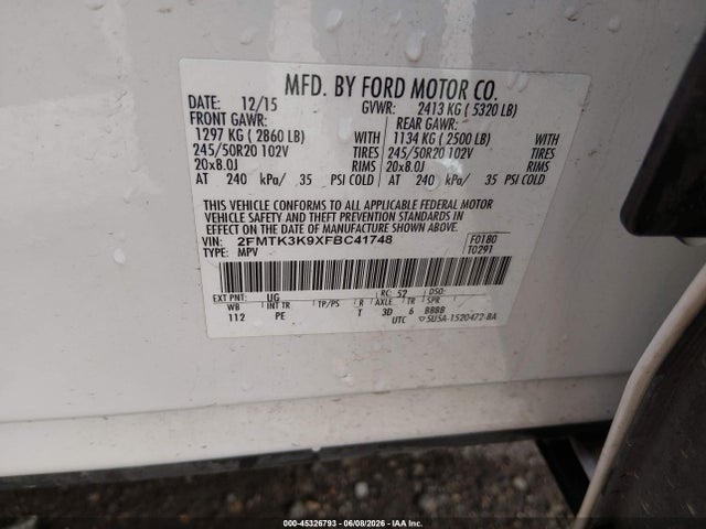 Продаж на аукціоні авто 2015 Ford Edge Titanium, vin: 2FMTK3K9XFBC41748, номер лоту: 45326793