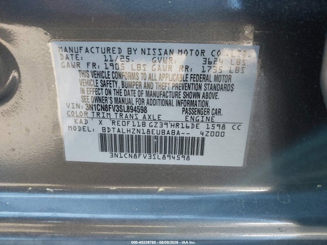 2025 Nissan Versa 1.6 Sr მანქანა იყიდება აუქციონზე, vin: 3N1CN8FV3SL894598, აუქციონის ნომერი: 45326795