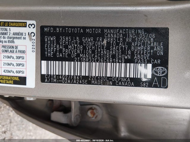 Aukcja sprzedaży 2006 Toyota Corolla Le, vin: 2T1BR32E26C681849, numer aukcji: 45326801