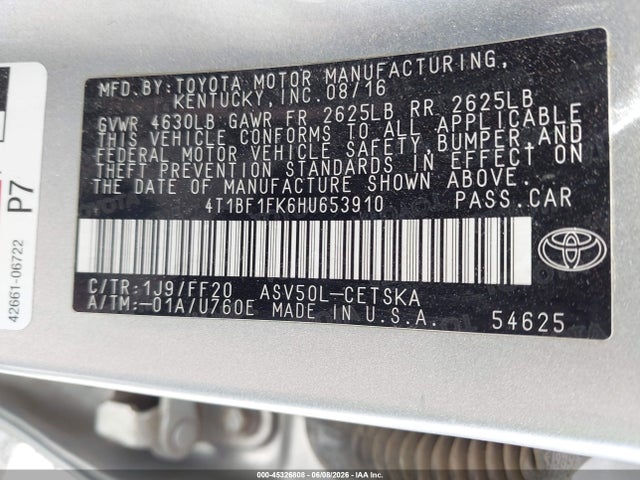 Aukcja sprzedaży 2017 Toyota Camry Se, vin: 4T1BF1FK6HU653910, numer aukcji: 45326808